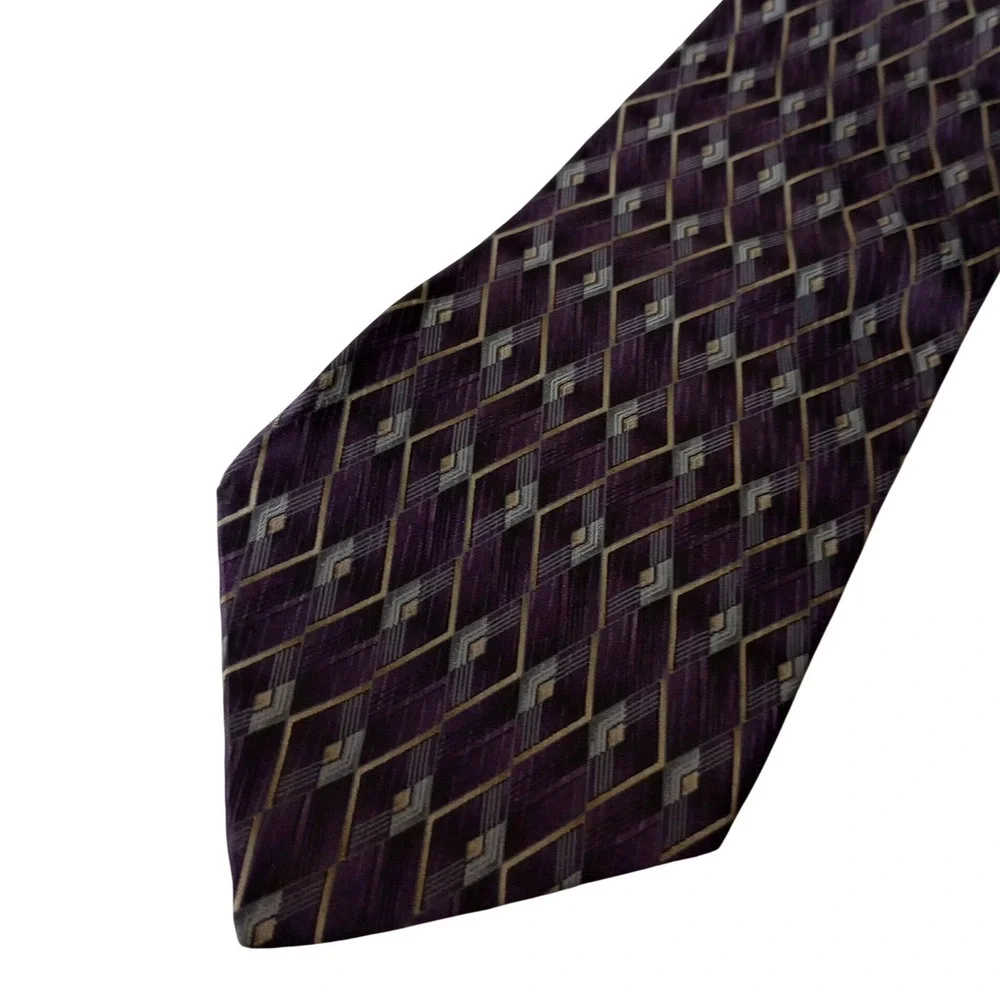 Stafford Mens Silk Necktie Purple Grey Black Geometric Diamond Pattern Tie